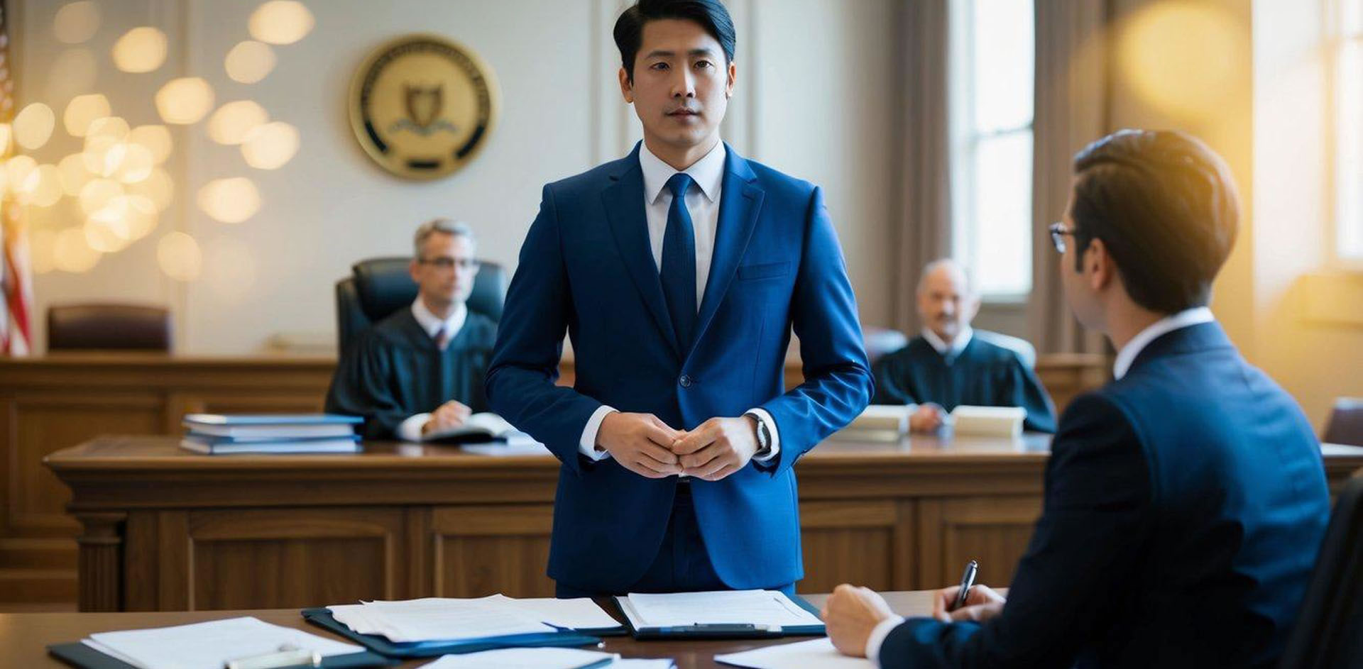 A person in a suit standing in a courtroom with a lawyer by their side, surrounded by legal documents and a judge's bench in the background