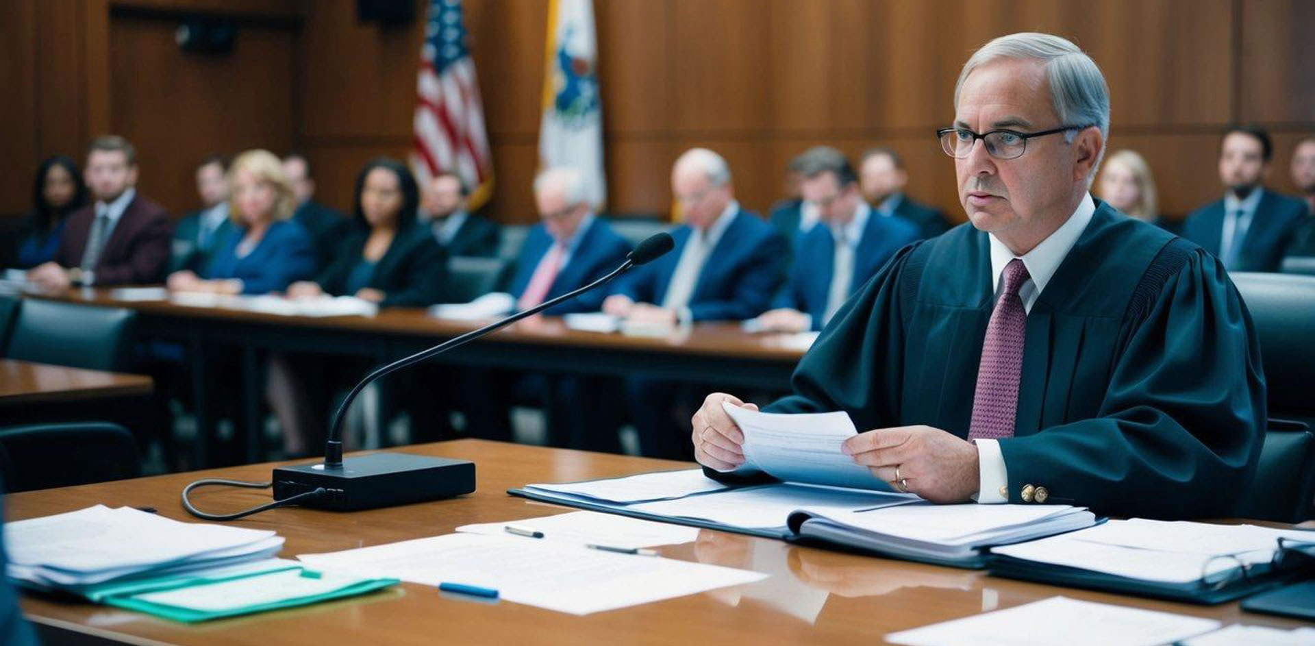 A courtroom with a judge presiding over a case involving financial documents and evidence related to a white collar crime in Arizona